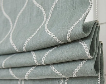 Sage Green Linen Roman Blind with White Embroidery, Custom Corded Ogee Trellis Roman Shade, Blackout or Light Filtering
