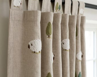 Natural Beige Linen Curtains, Embroidered White Sheep & Olive Green Trees, Custom Blackout Nursery Drapes