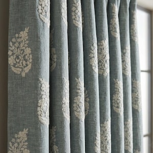 Blue Grey Heavy Pure Linen Curtains, Ivory Floral Embroidered Drapes, Custom Blackout or Cotton Lined Window Panels