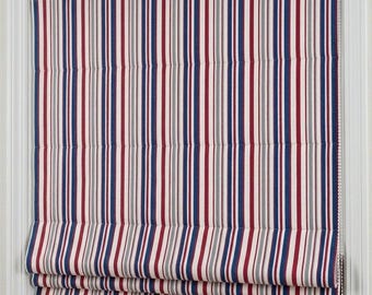 Estor romano de lino con rayas rojas y azules, estilo rústico, hecho a medida (filtra la luz o deja pasar la luz)