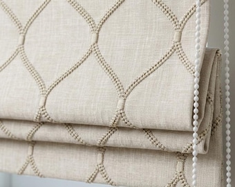Taupe Linen Roman Shade, Beige Diamond Ogee Trellis Embroidered Custom Blind, Blackout or Light Filtering