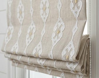 Natural Beige Linen Roman Shade, White Embroidered Medallion Blind, Custom Corded Window Shade, Blackout or Cotton Lined