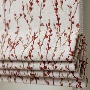 Rust Red Wildflower Pure Linen Roman Shade: Embroidered Custom Corded Blind, Blackout or Light Filtering