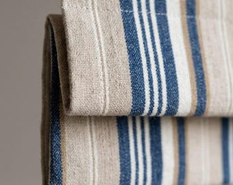 Estores romanos de lino a rayas azul marino y beige estilo rústico, hechos a medida (opacos/filtran la luz)