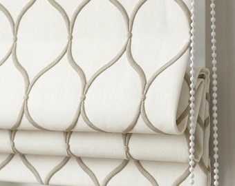 Custom Ivory Linen Roman Shade: Taupe Ogee Trellis Embroidered Blind, Blackout or Light Filtering