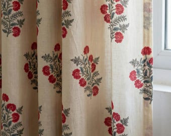 Hand Block Print Organic Cotton Curtains, Red Floral