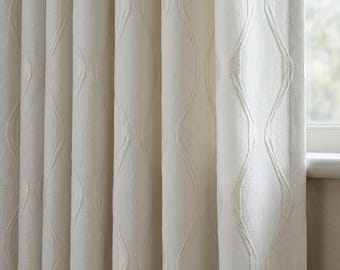 Ivory on Ivory Pure Linen Curtains, White Ogee Trellis Embroidered Drapes, Custom Blackout or Light Filtering Panels