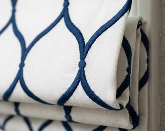 Custom Roman Shade, White Linen Blind, Navy Blue Embroidered Geometric Trellis, Blackout or Light Filtering