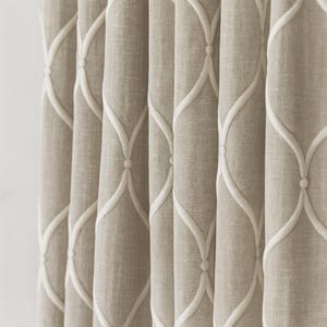 Puede incluir: Cortinas de lino beige con un patrón geométrico blanco. Las cortinas, dispuestas verticalmente, presentan pliegues suaves y una textura visible. El diseño muestra una serie de óvalos interconectados, creando un aspecto sutil y elegante para la decoración del hogar.
