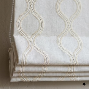 Off White Linen Roman Shade, Ivory Embroidered Ogee Trellis Blind, Custom Blackout Corded Window Treatment