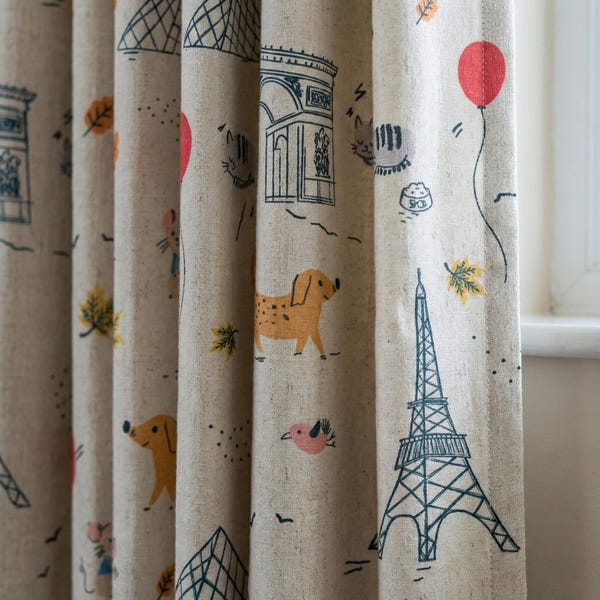 Cortinas de lino con estampado de animales de París para habitación infantil, con estampado de la Torre Eiffel.
