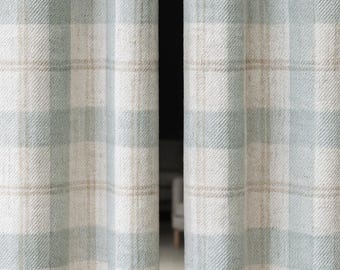Farmhouse Check Curtains: Organic Linen Dusty Blue & Beige (Blackout or Cotton Liner)