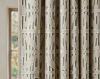 Natural Beige Pure Linen Curtains, Olive Green Ivory Geometric Embroidered Drapes, Custom Blackout Panels