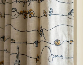Embroidered Linen Nursery Curtains, Paris Theme, White Linen Drapes