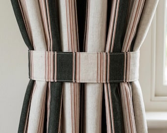 Dark Forest Green Rust Pure Linen Farmhouse Stripe Curtains, Ivory Drapes, Custom Blackout or Light Filtering