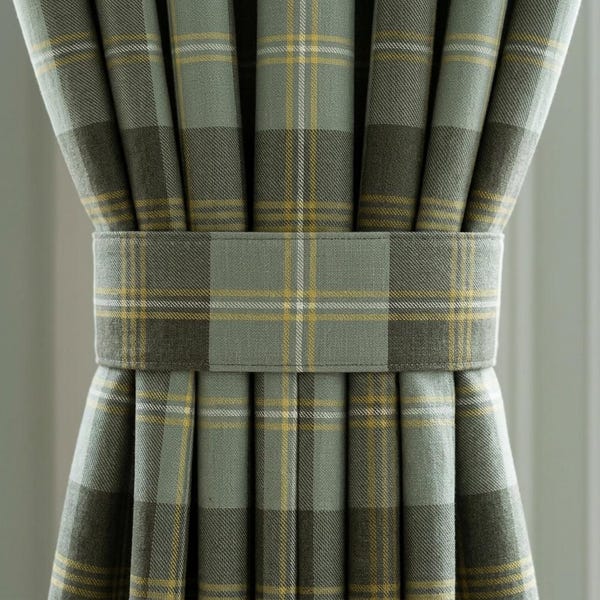 Sage Green Plaid Pure Linen Curtains, Charcoal Gray Mustard Tartan Drapes, Custom Blackout Farmhouse Panels