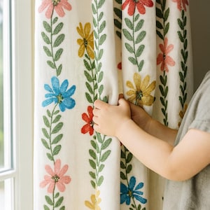 Linen Blackout Curtains: White Daisy Vine Embroidery (Kids Nursery, Custom Fit) image 1
