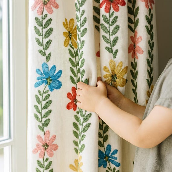 Linen Blackout Curtains: White Daisy Vine Embroidery (Kids Nursery, Custom Fit)