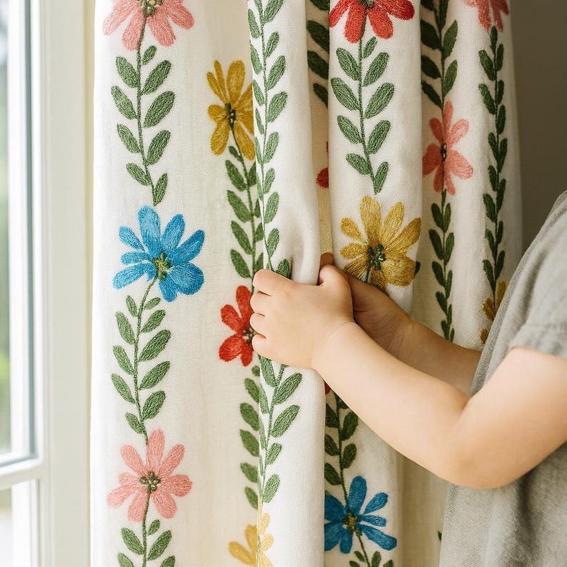 Linen Blackout Curtains: White Daisy Vine Embroidery (Kids Nursery, Custom Fit) image 1