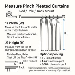 May include: Diagram illustrating how to measure pinch pleated curtains for rod, pole, or track mount. Instructions include measuring width and height, with details on finished lengths and optional pooling. Includes measurements in inches.