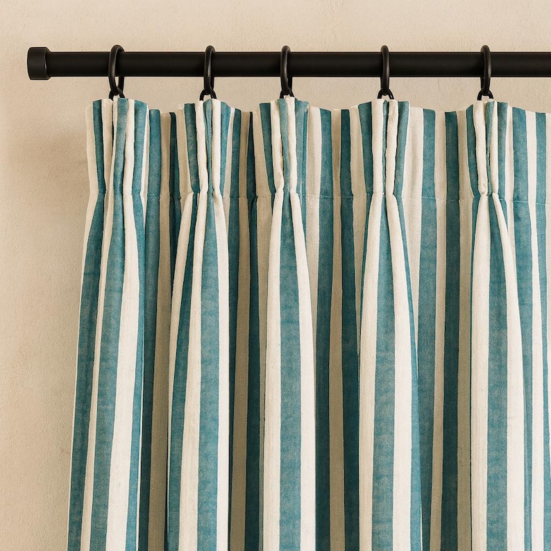 Organic Cotton Curtains: Hand Block-Printed Teal Stripes (Custom Sizes Available) image 7