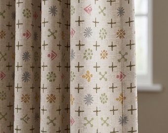 Natural Ivory Pure Linen Curtains, Olive Pink Mustard Mid Century Atomic Print Drapes, Custom Blackout or Light Filtering Panels