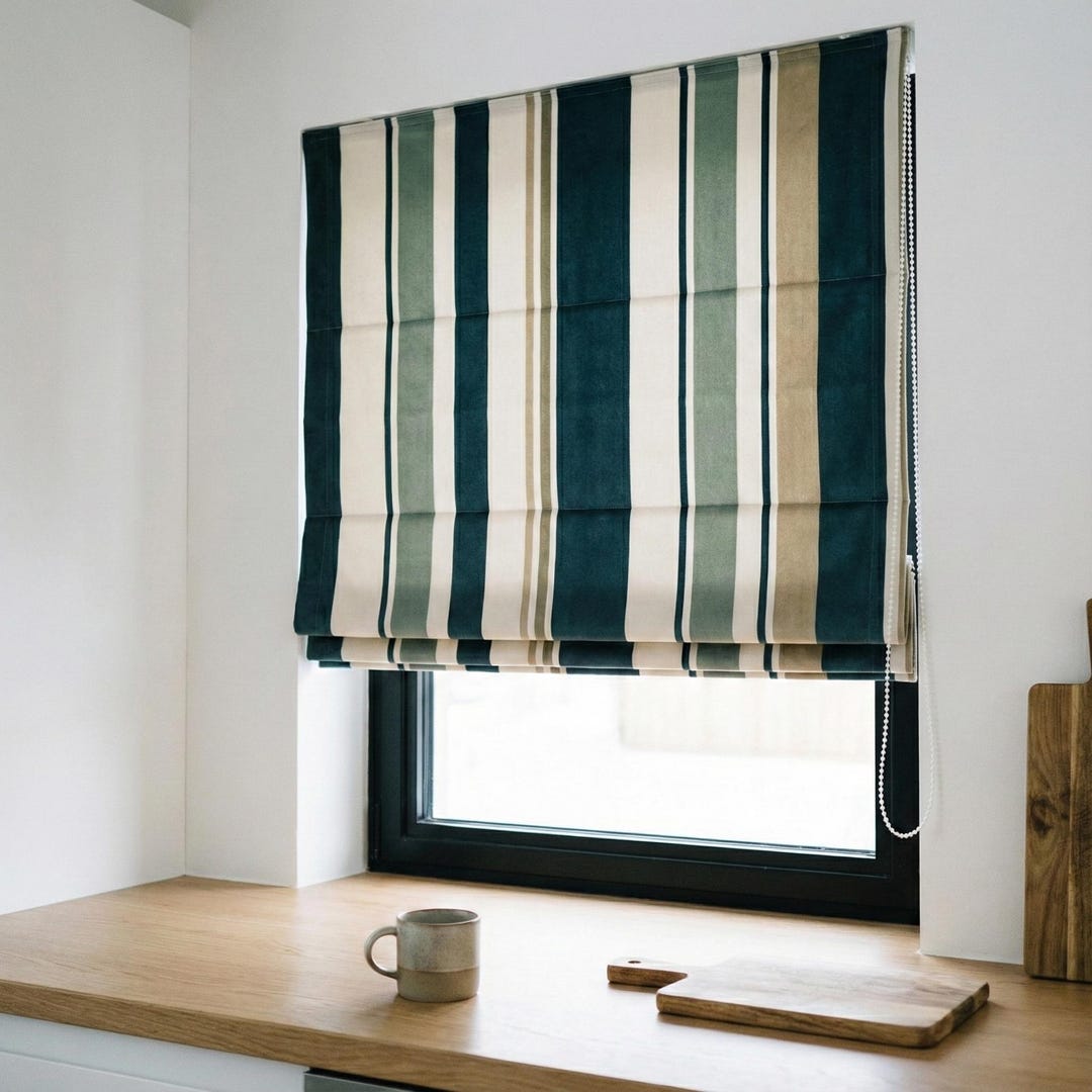 Window Tex Custom Striped Velvet Roman Shade, OEKO-TEX Corded Window Blind, Teal ...