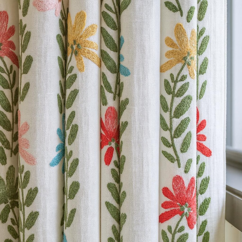 Linen Blackout Curtains: White Daisy Vine Embroidery (Kids Nursery, Custom Fit) image 6