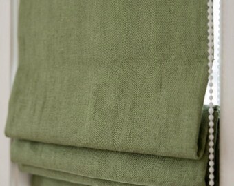 Sage Green Herringbone Linen Roman Shade, Custom Corded Window Blind, Light Filtering Cotton or 100% Blackout Lined