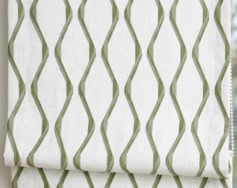 Ivory Green Pure Linen Roman Shade, Sage Olive Wavy Geometric Embroidered Custom Blind, Blackout or Light Filtering