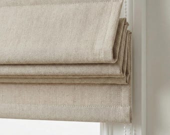 Custom Natural Flax Linen Roman Shade, Herringbone Corded Blind