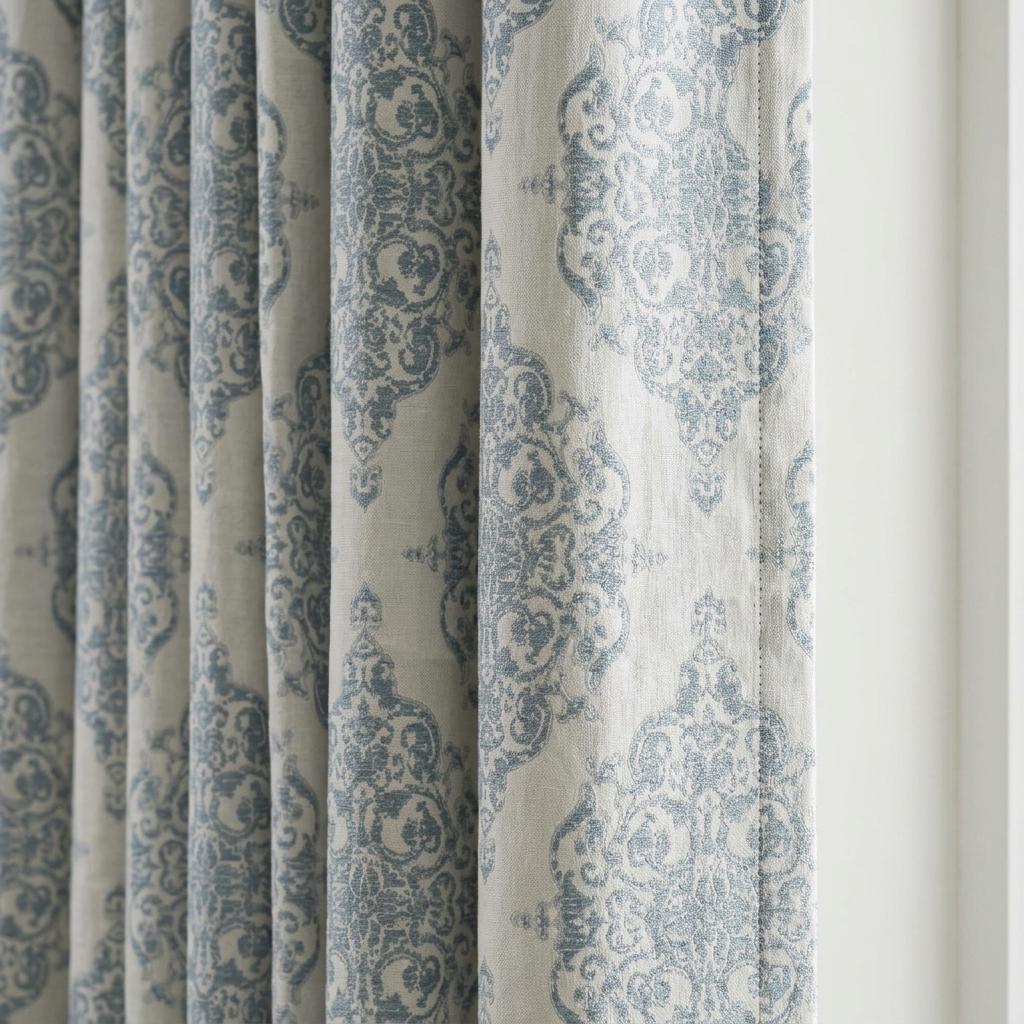 Jacquard Linen Curtain: Powder Blue Damask Pattern (Custom Size & Lining)