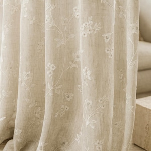 Sheer Linen Curtains: Ivory Floral Embroidery - Custom Sizes & Styles