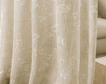 Sheer Linen Curtains: Ivory Floral Embroidery - Custom Sizes & Styles