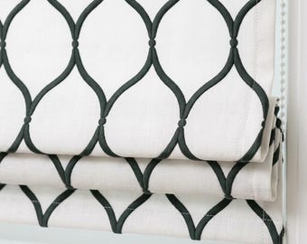 Custom Linen Roman Shade, White Charcoal Ogee Trellis Embroidered Blind, Corded Blackout or Organic Cotton Lined Window Treatment