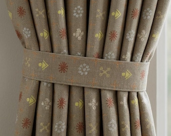 Olive Taupe Pure Linen Curtains, Rust Mustard Mid Century Atomic Print Drapes, Custom Blackout or Light Filtering Panels