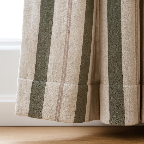 Panneau de rideau occultant : lin bio, rayures champêtres olive et taupe - Dimensions personnalisées