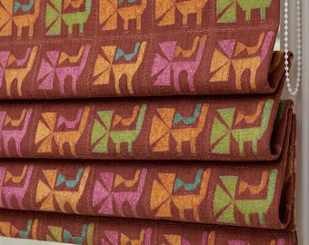 Rust Terracotta Cat Linen Roman Shade, Mid Century Geometric Custom Blind, Blackout or Light Filtering