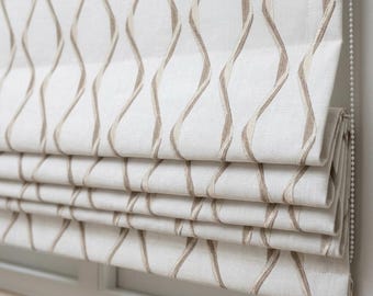 Ivory Flax Pure Linen Roman Shade, Taupe Wavy Geometric Embroidered Custom Blind, Blackout or Light Filtering