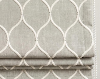 Natural Greige Linen Roman Shade, Ivory Embroidered Ogee Trellis Custom Blind, Blackout or Light Filtering Window Shade
