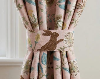 Pink Linen Nursery Curtains, Embroidered Bunny Floral Drapes