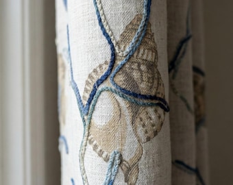 Embroidered Seashell Linen Curtain, Coastal Nursery Decor