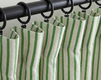 Grüne Streifen Leinenvorhänge | Bauernhaus Ticking Streifen Vorhänge | Benutzerdefinierte Größen | Stangentasche/Rückenlasche/Tülle/Haken | Ungefüttert/Baumwolle/Verdunkelnd