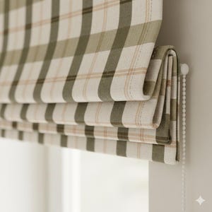 Roman Shade: Linen with Olive Green Checks (Custom Size, Blackout or Light Filtering)