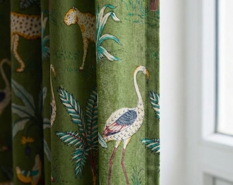 Cortinas safari verde oliva, algodón orgánico con estampado de bloques, decoración bohemia