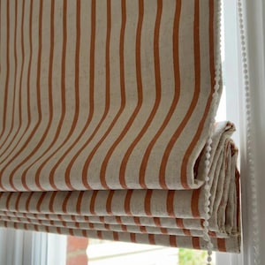 Terracotta streep linnen vouwgordijn, OEKO-TEX vouwgordijn met koord, aangepast formaat, verduisterende of lichtfilterende voering, moderne boerderij