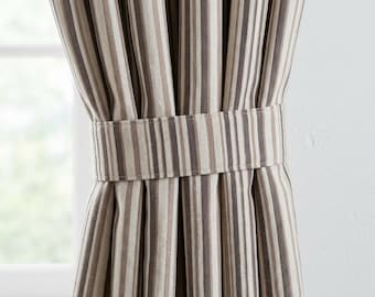 Chocolate Brown Cream Pure Linen Farmhouse Stripe Curtains, Ticking Drapes, Custom Blackout or Light Filtering
