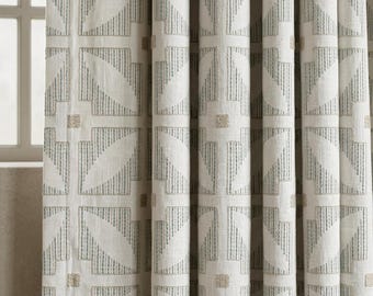 Ivory Pure Linen Curtains, Teal Beige Geometric Embroidered Drapes, Custom Blackout Mid Century Panels
