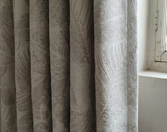 Oatmeal Pure Linen Curtains Jacquard Leaf Woven Drapes Botanical Window Panels Semi Sheer or Blackout Custom Sizes