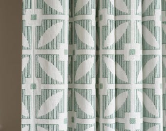 Ivory Linen Curtains, Sage Green Geometric Embroidered Drapes, Custom Blackout Mid Century Panels